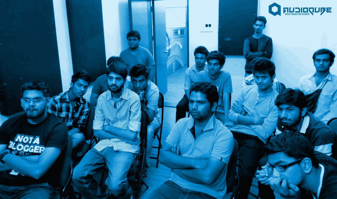 Students seated and listening during the Sound Avtar masterclass at Audioqube